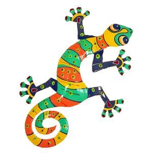 Hand Crafted Tropical Gecko Wall Decor Haitian Metal Striped Lime Orange Yellow